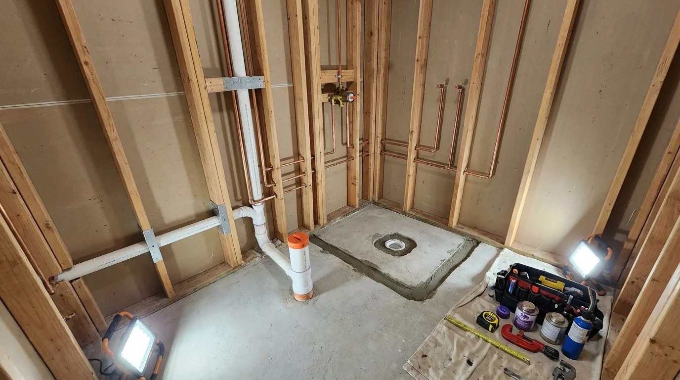 Bathroom rough-in plumbing during remodel by Johns Plumbing LLC in Ripon
