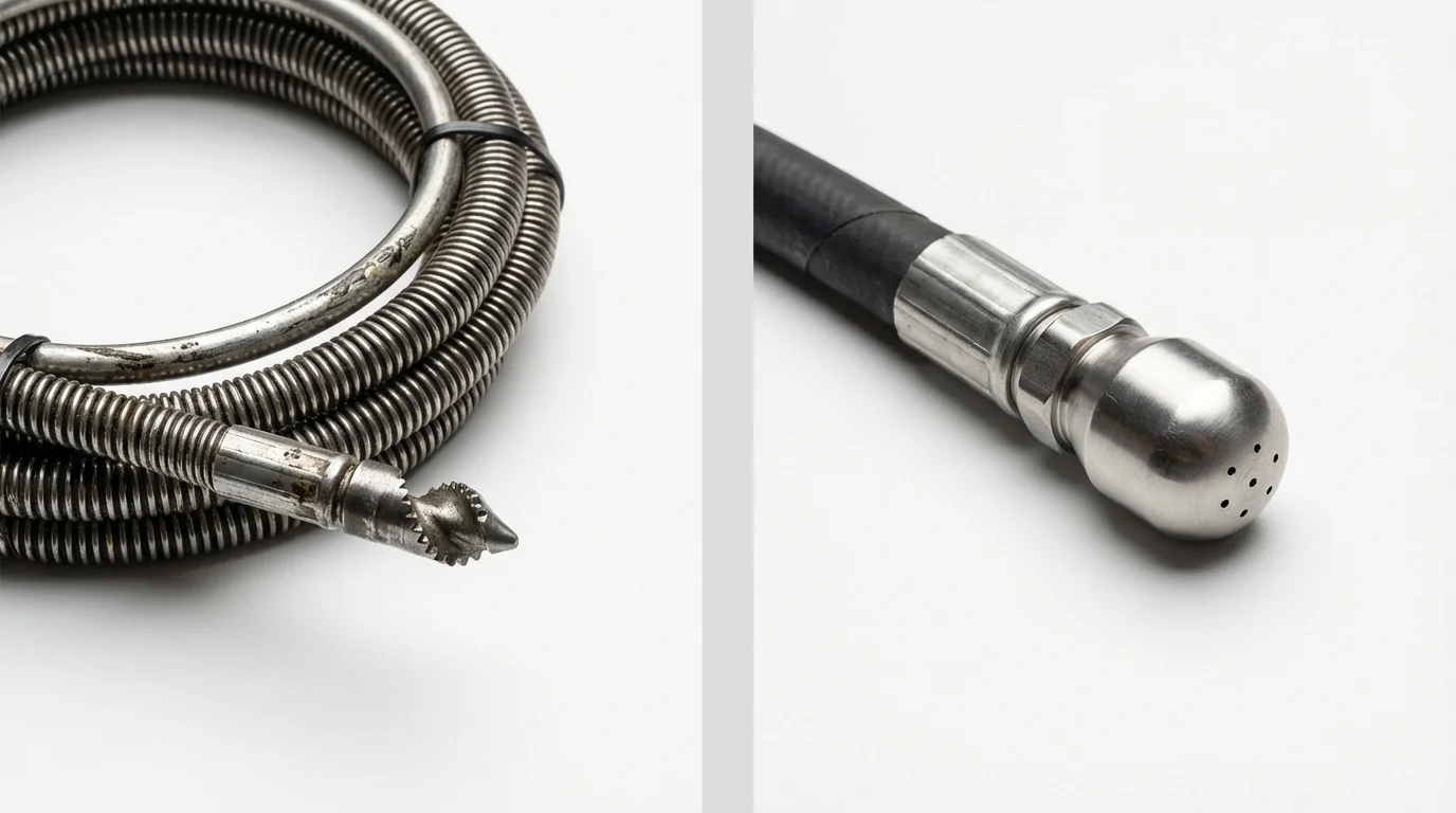 Drain snake cable and hydro jetting nozzle used for drain cleaning in Ripon, CA