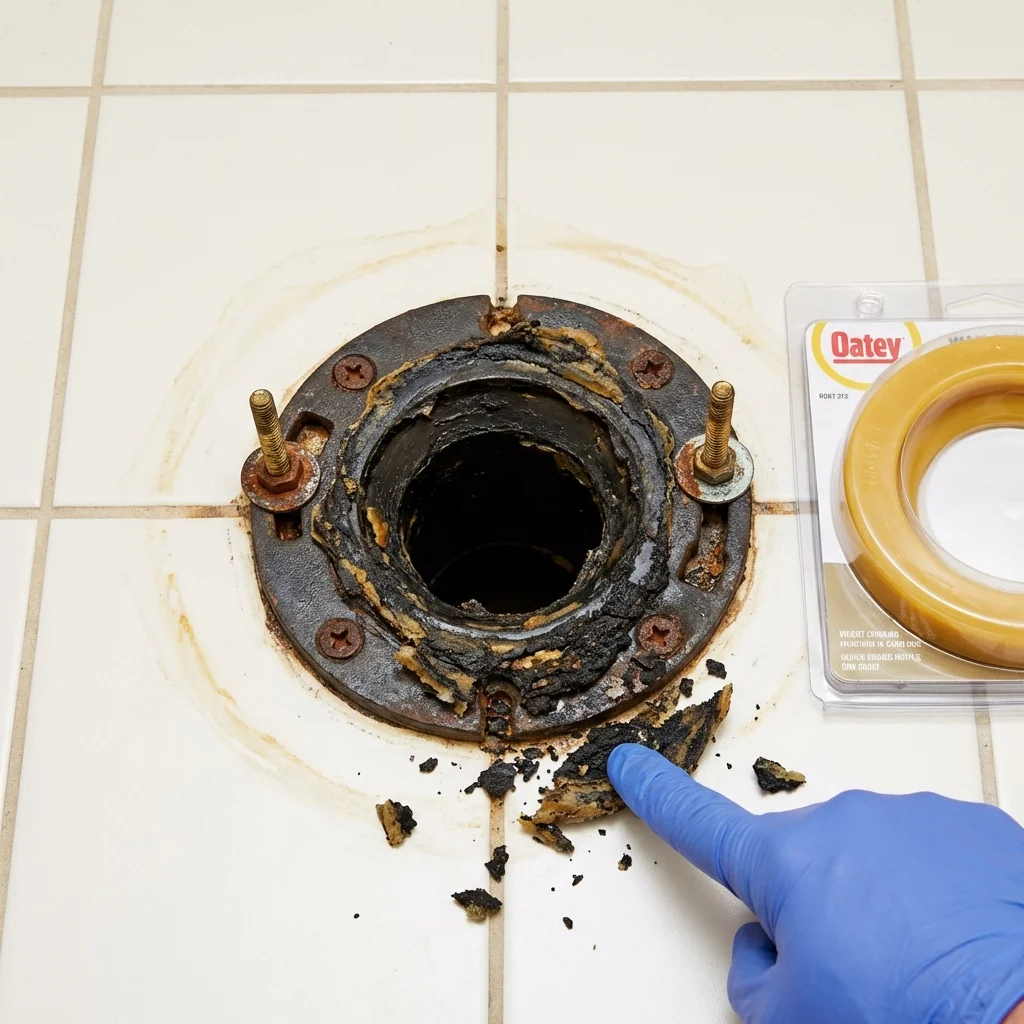 Failed wax ring showing water seepage at the base of a toilet in a Ripon, CA home