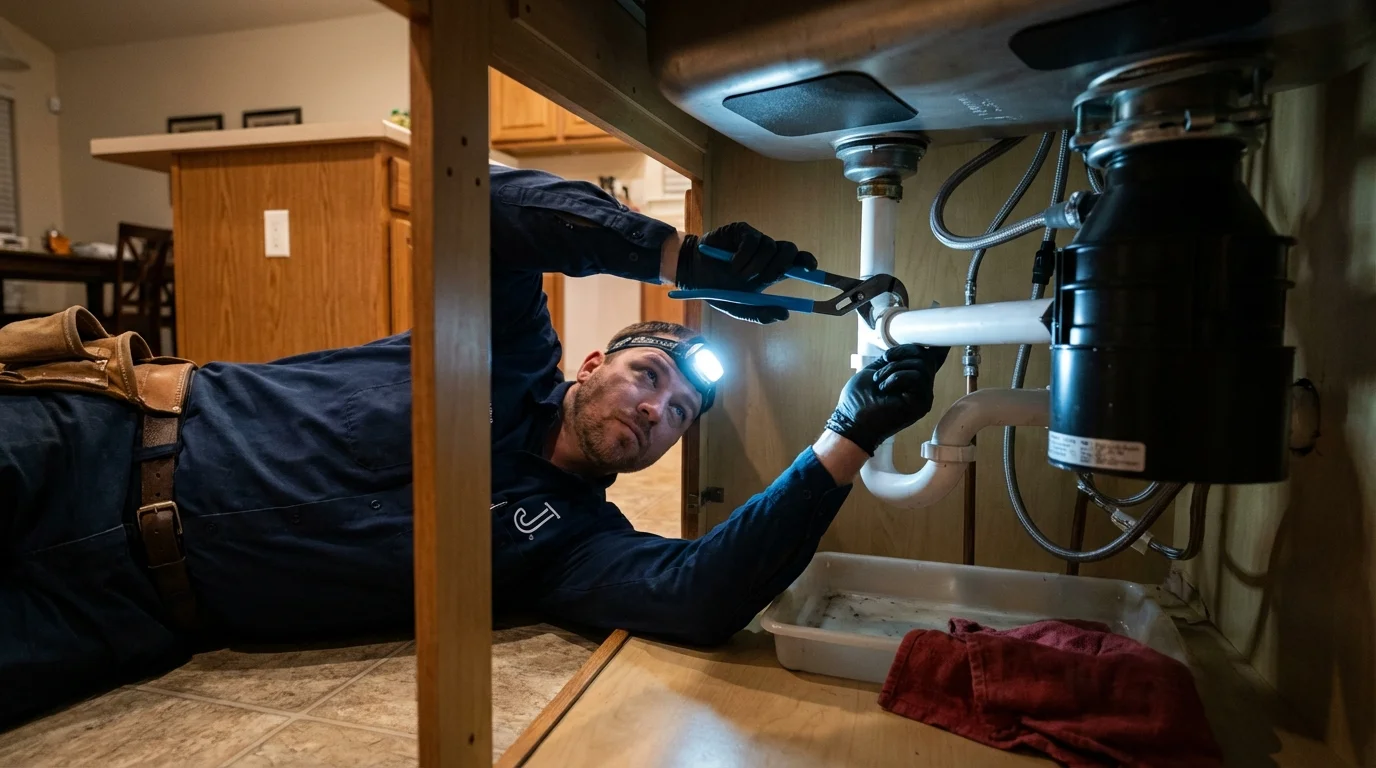 P-trap and supply line connections under a kitchen sink showing a common leak point in Ripon, CA